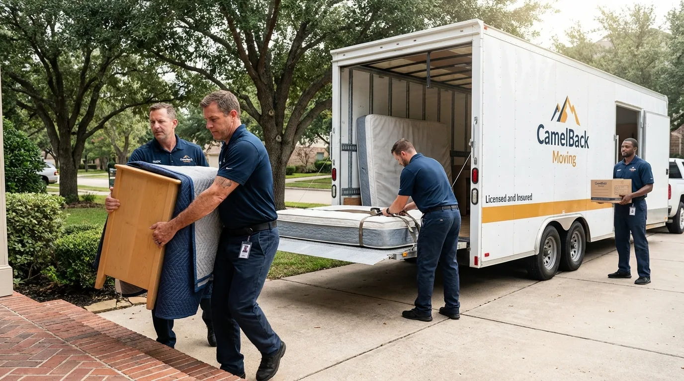 Crew loading residential truck for cross-state move from Rushville, IN