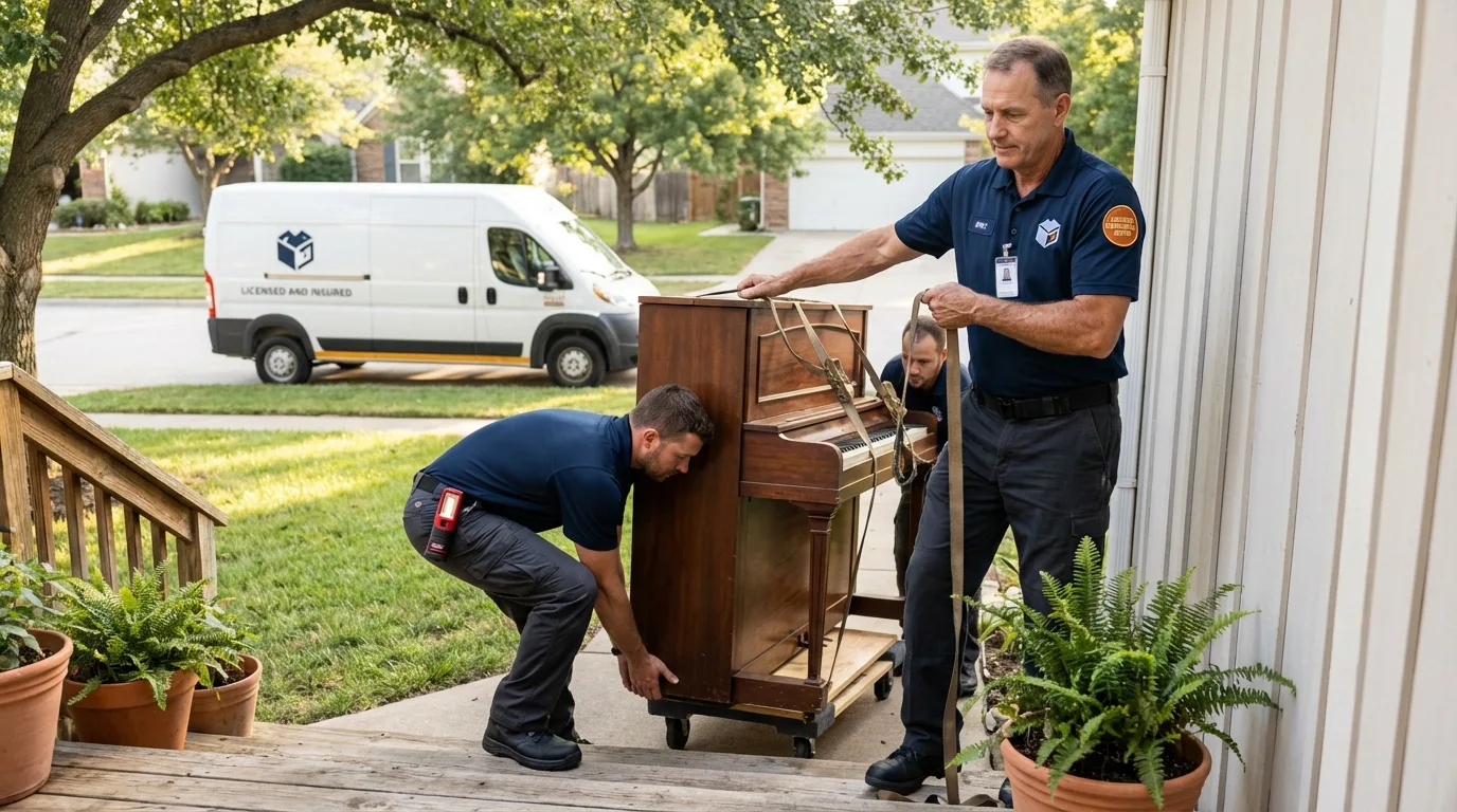 Licensed piano movers securing grand piano in Rushville, IN