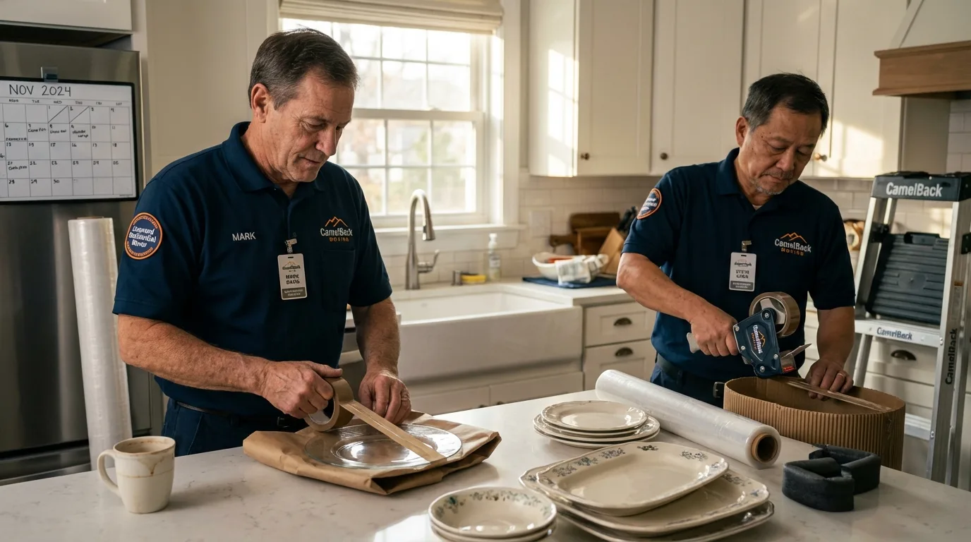 Professional crew packing kitchen dishware in Rushville, IN